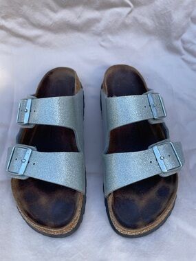 Birkenstock Double Strap Slide Sandals, Women’s Size 40, Sparkling Silver